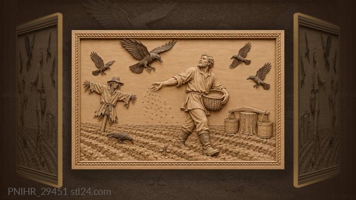 Fieldworker sows while crows circle low 3d STL model