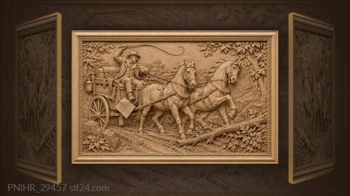 Coachman drives horses toward fallen branch 3d STL model