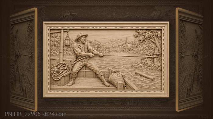 Boatman pulls rope across river 3d STL model