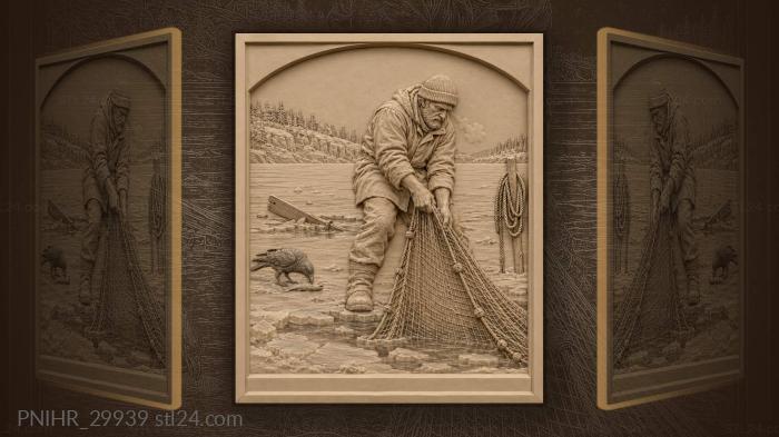 Winter fisherman with raven and net 3d STL model