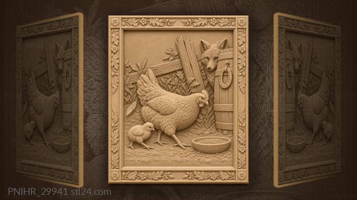 Hen with chick and cunning fox 3d STL model