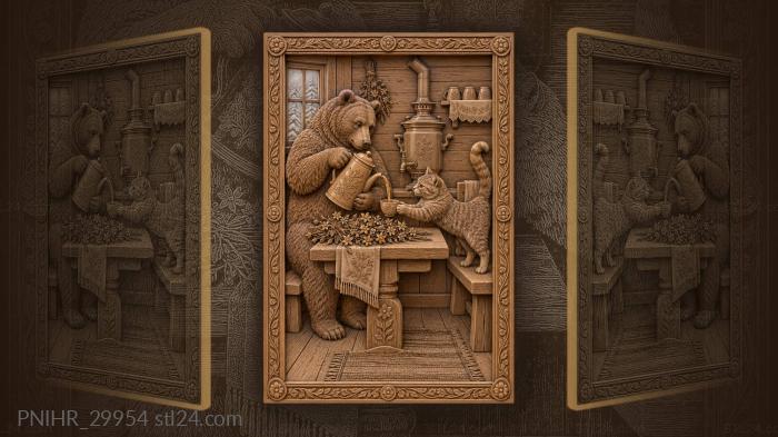 Bear pours herbal tea for cat 3d STL model