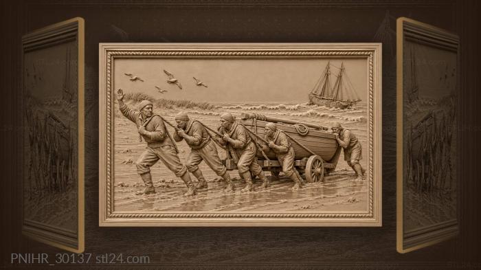 Lifesavers hauling boat through sand 3d STL model
