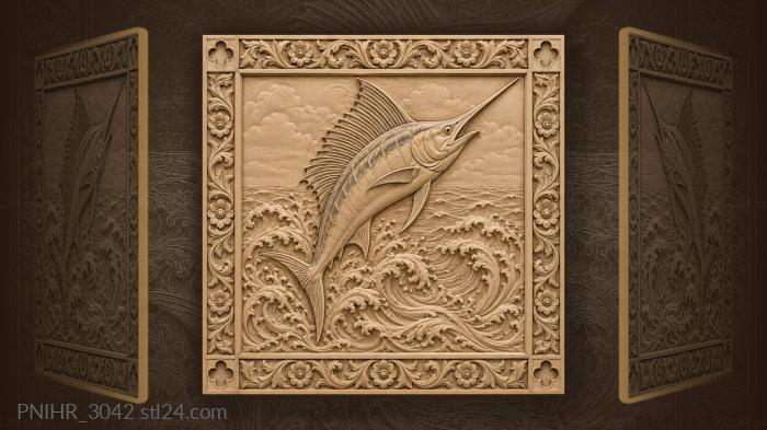Marlin rising floral ocean design 3d STL model