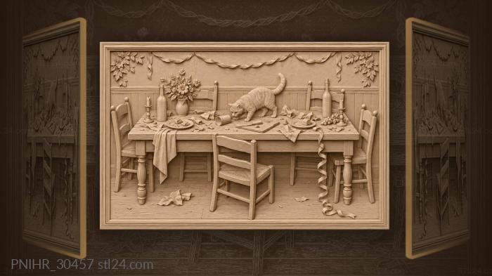 Cat prowls among abandoned feast scraps 3d STL model