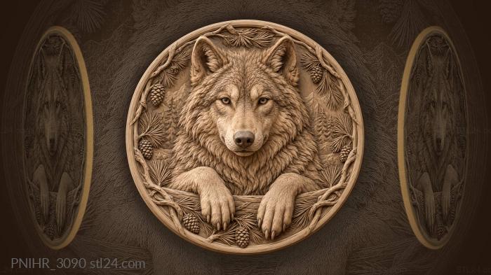 Wolf leaning paws on pine border 3d STL model