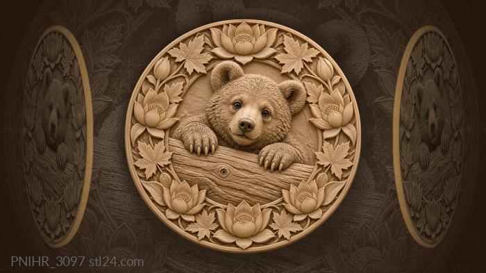 Playful bear cub with lotus 3d STL model