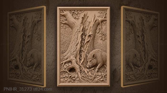 Lightning halts the boar beneath an oak 3d STL model