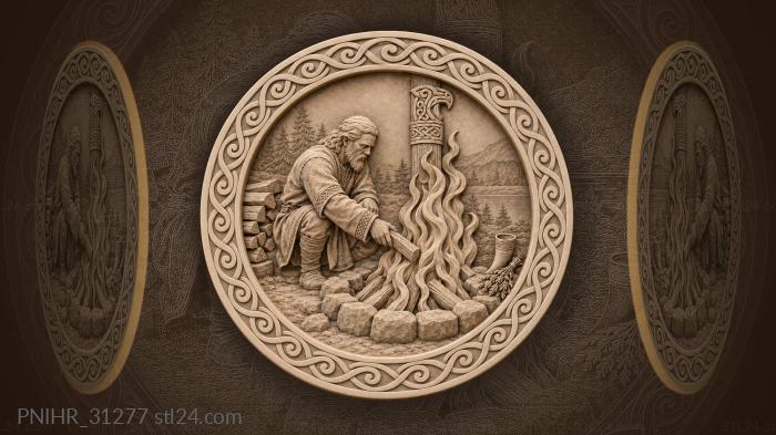Priest feeds split logs into curling flames 3d STL model
