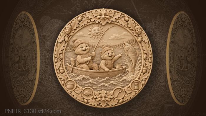 Cats fishing happy sun leaping fish 3d STL model