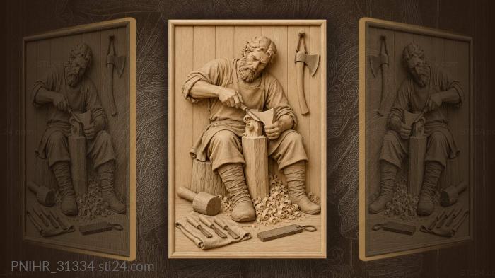 Woodcarver crafting perun’s axe with tools 3d STL model