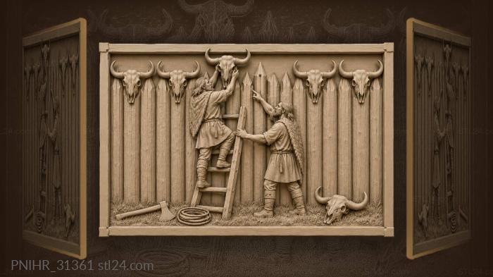 Men fortify the fence with aurochs skulls 3d STL model