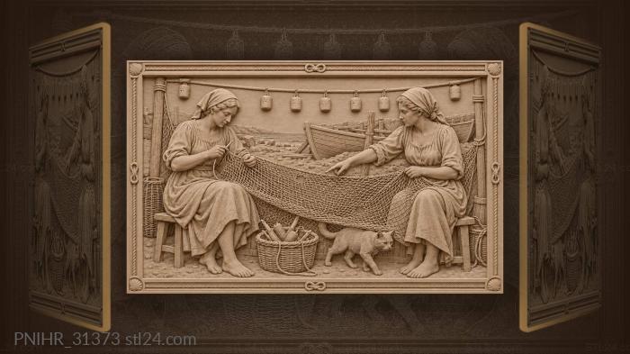 Coastal women repairing fishing nets 3d STL model