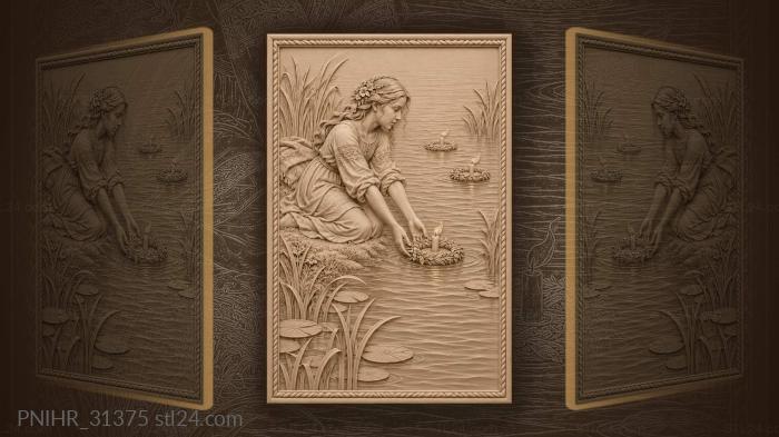 Girl releasing candle wreath on water 3d STL model
