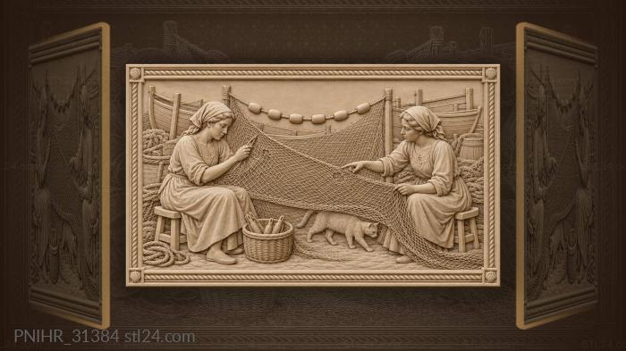 Coastal women mending fishing nets 3d STL model