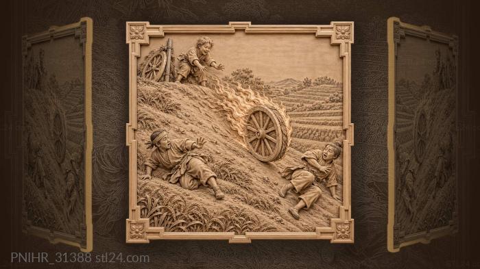 Burning wheel bounds past fleeing villagers 3d STL model