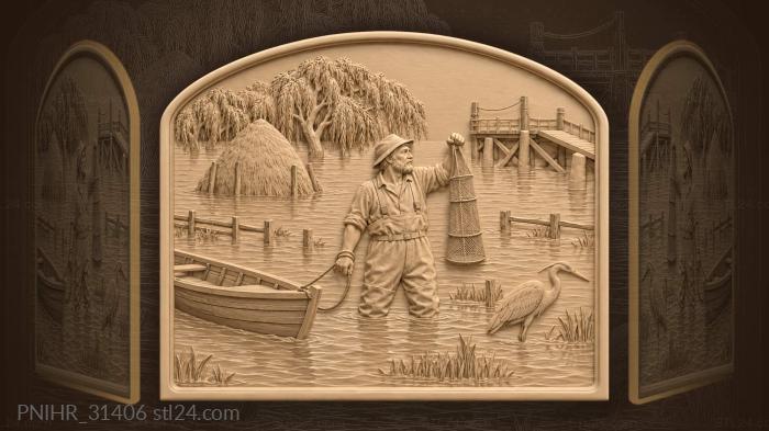 Among flooded willows fisherman raises his keepnet 3d STL model