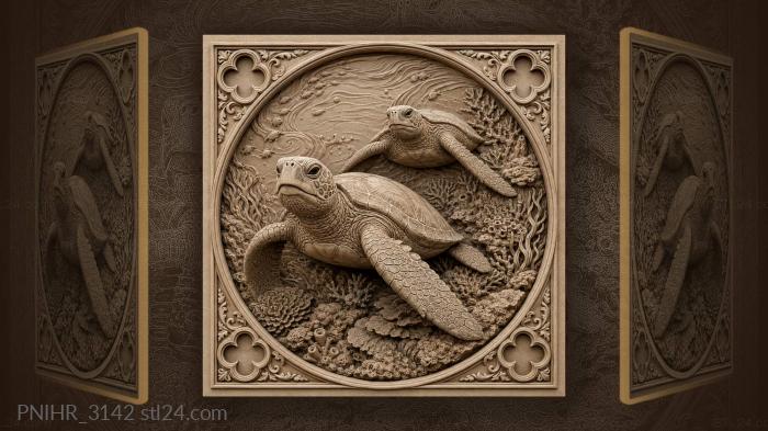 Turtles above corals and rocks 3d STL model