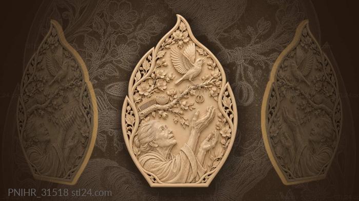 Old woman frees bird toward blossoms 3d STL model