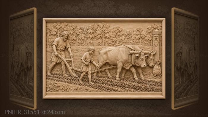 Ploughman sowing seed with oxen 3d STL model