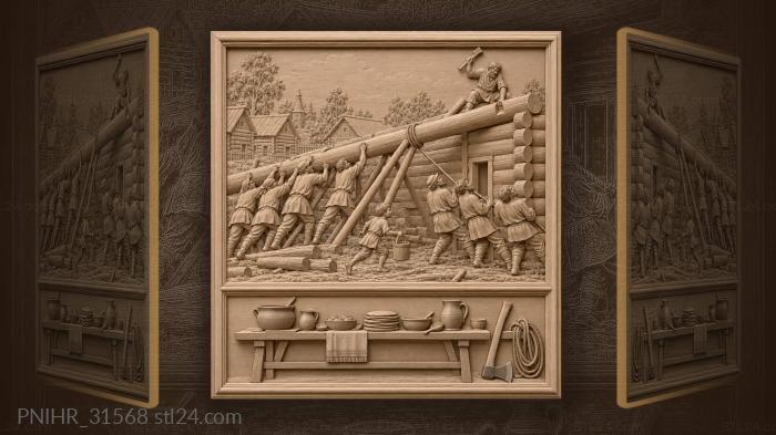 Neighbors race dusk raising a log house 3d STL model