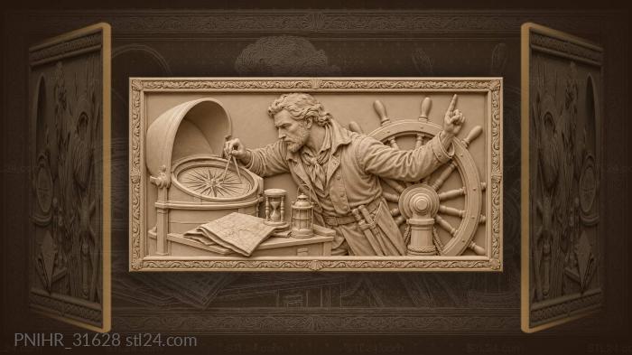 Navigator’s compass and ship’s wheel 3d STL model