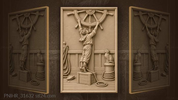 Young sailor and giant ships wheel 3d STL model
