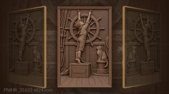Young sailor and oversized ships wheel 3d STL model