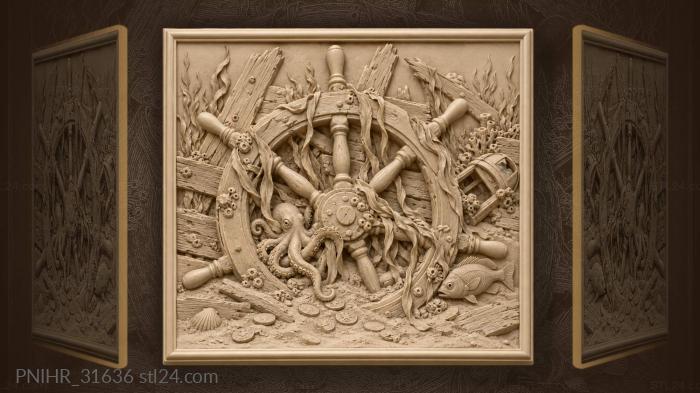 Sunken wheel with octopus treasure 3d STL model