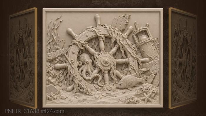 Sunken wheel with octopus and treasure 3d STL model
