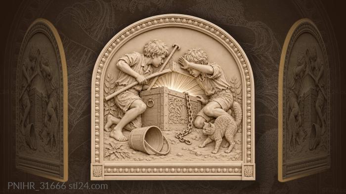 Treasure chest boys and playful cat 3d STL model