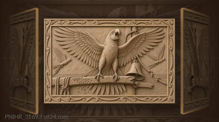 Shipboard parrot sounds alarm beside cracked bell 3d STL model