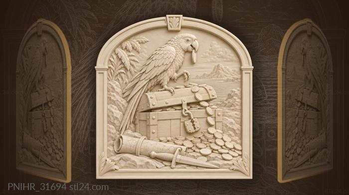 Parrot with coin and treasure chest 3d STL model