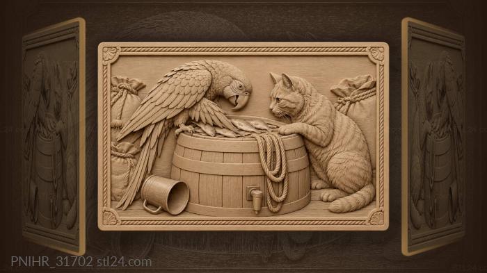 Parrot guards fish from the cat 3d STL model