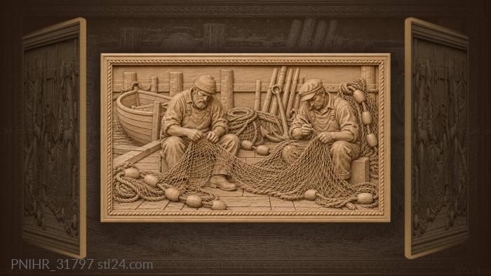 Fishermen mend a net onshore 3d STL model