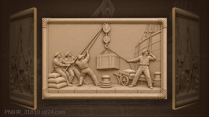 Dockworkers hoist a crate above the quay 3d STL model