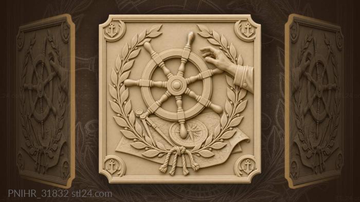 Nautical wheel laurel chart anchors 3d STL model