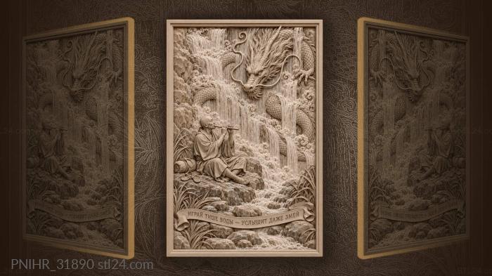 Dragon and monk by the waterfall 3d STL model