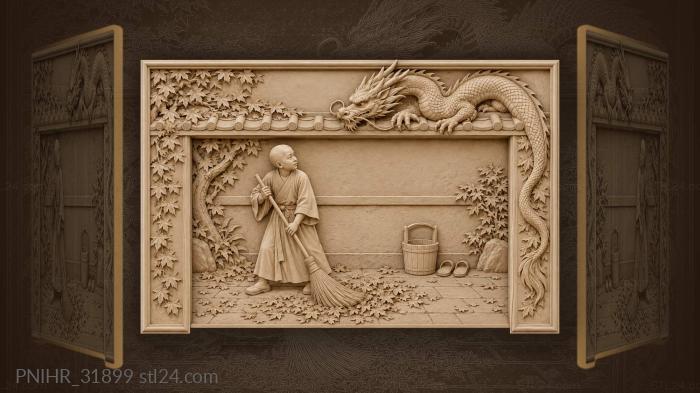 Novice sweeping courtyard with watchful dragon 3d STL model