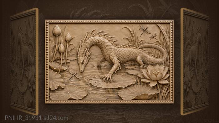 Dragon and lotus peaceful scene 3d STL model