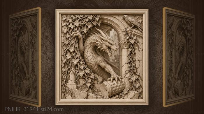 Weathered dragon exposes stones beneath ivy 3d STL model