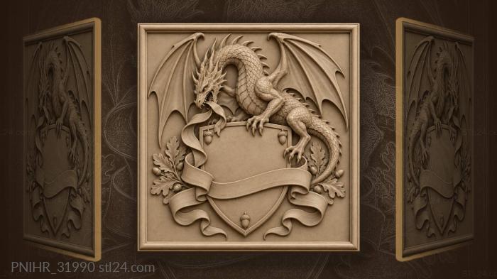Dragon on heraldic shield crest 3d STL model