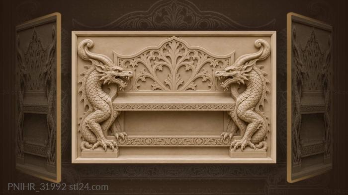 Dragons shoulder the throne between curled horns 3d STL model
