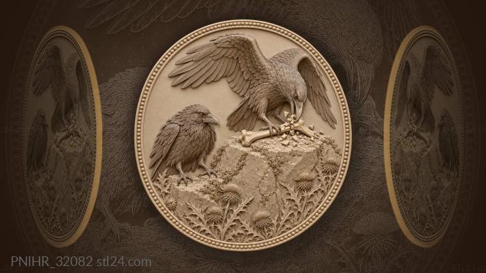 Raven pecks a bone above thistles 3d STL model