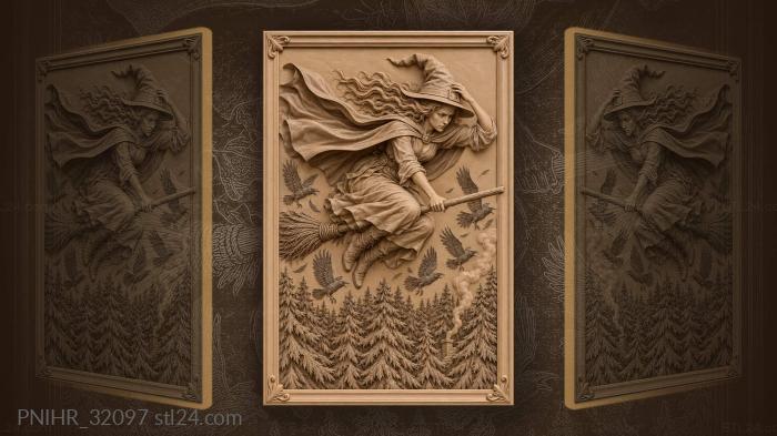 Crows scatter before the flying witch 3d STL model