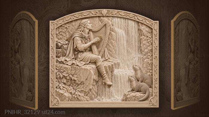 Elf plays harp beside the waterfall 3d STL model
