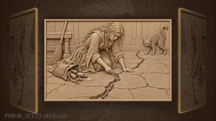 Kneeling witch seals a fractured flagstone 3d STL model