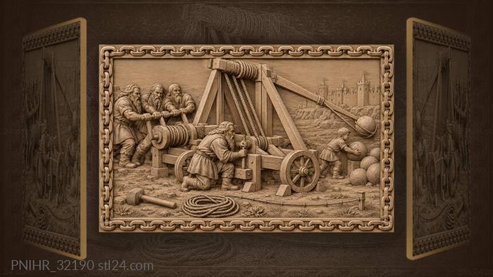 Siege dwarves load stone into sling 3d STL model