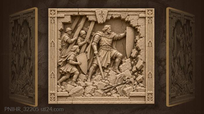 Knight defends crumbling fortress wall 3d STL model