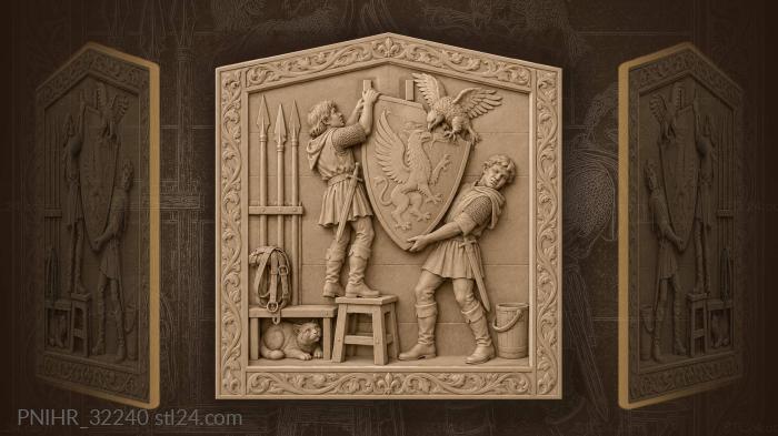 Knights raising griffin shield with chick 3d STL model